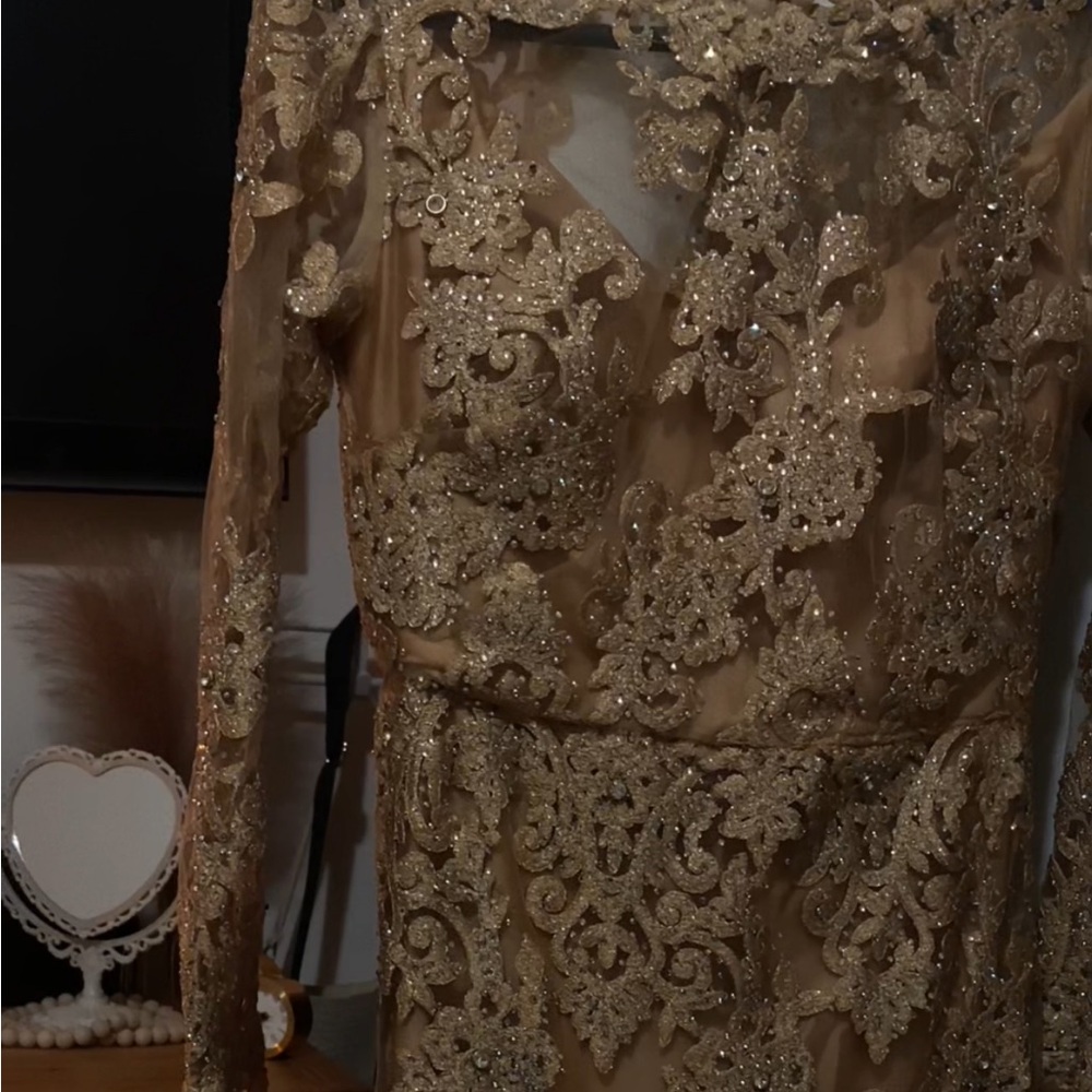 Custom made dress, color in gold, size: 6-8, only worn once